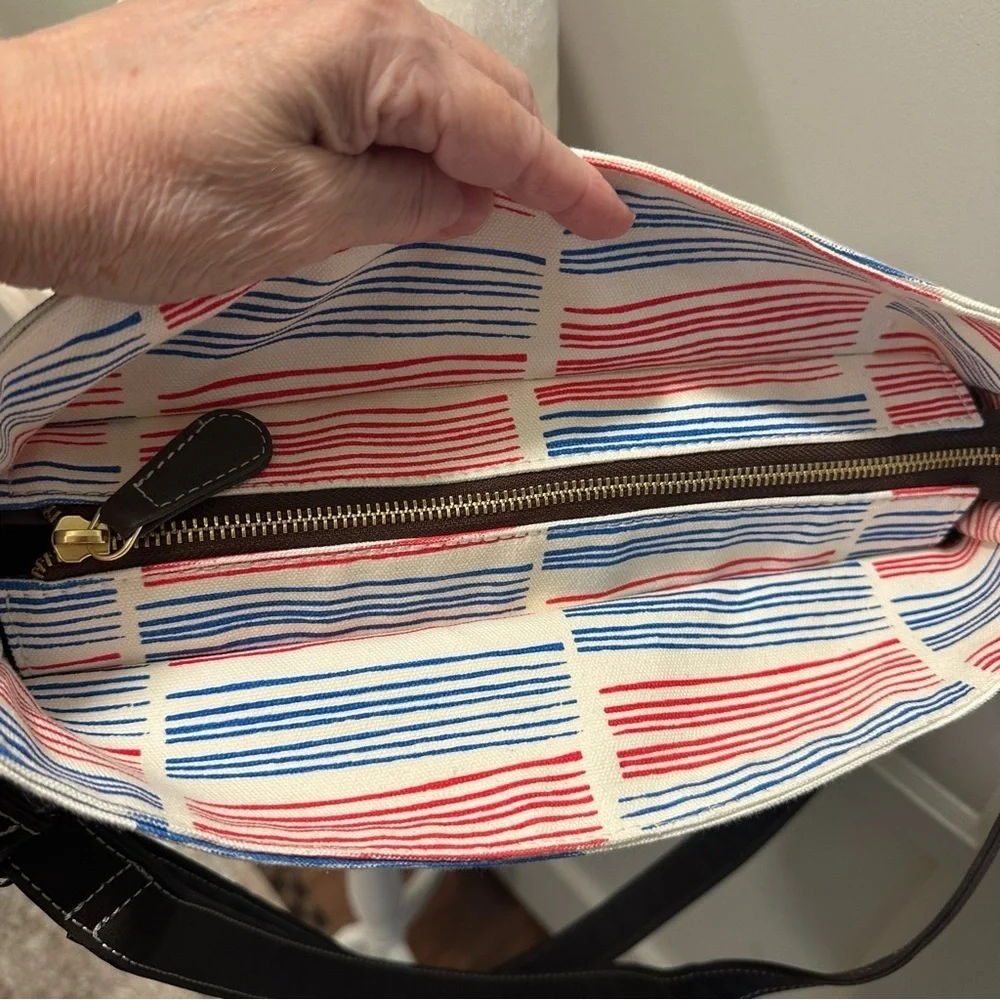 Maika Crossbody Upcycled Canvas Tote Bag with Red, Blue, and White Stripes